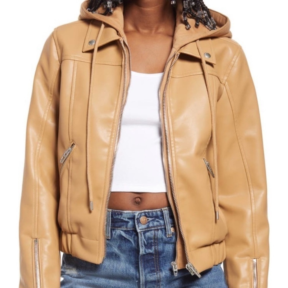 NEW BLANKNYC Women’s Faux Leather Tan Bomber Moto Jacket Removable Hood Size S